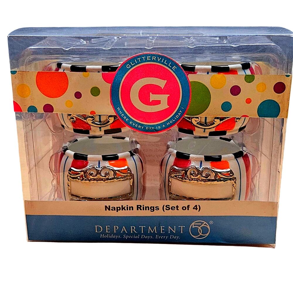 Dept 56 Glitterville Polka Dot Place card Napkin Rings Set of 4 New Box Vintage